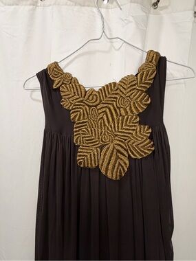 Vera Wang Brown Grecian Dress with Heavy Gold Embroidered Appliqué SZ Small